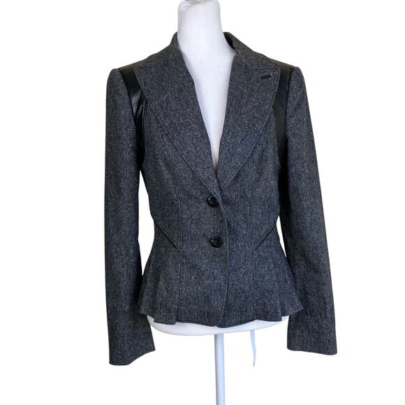 Bebe Sz XS Y2K Wool Silk Blend Tweed Blazer Fitted Feminine Leather Panels Sexy - Picture 2 of 16